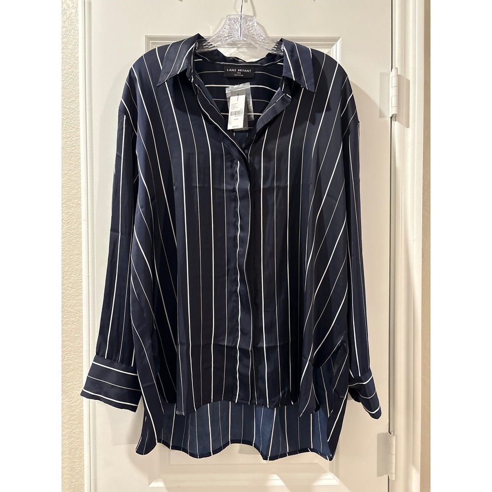 Lane Bryant Navy White Stripe Button Down Shirt Blouse Top 14 16 Plus Size